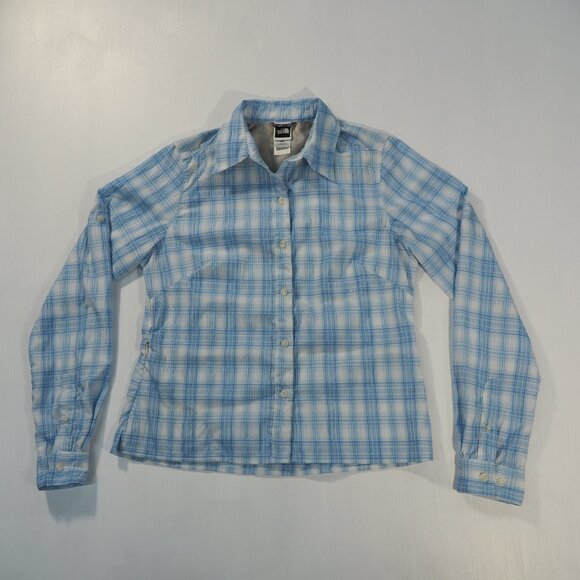 The North Face Shirt Women Small Light Blue Plaid Roll Tab Vented Hiking Outdoor - Picture 10 of 10